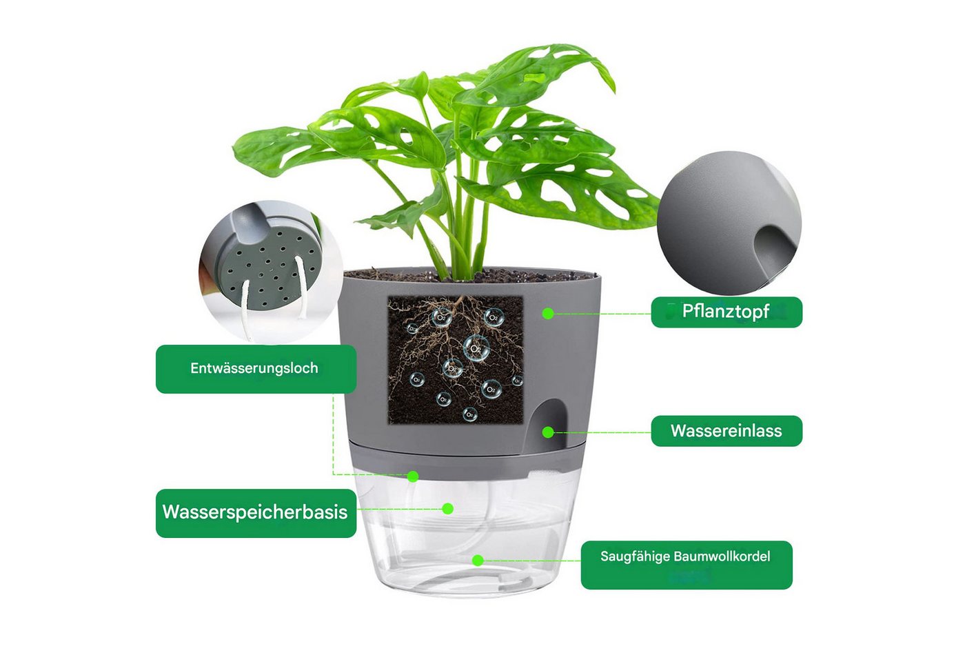 SURFOU Kräutertopf Blumentopf Selbstbewässerungstopf Pflanzentopf küche 3er-set Plantpot (Mit Wasserreservoir mit Bewässerungsseil sorgt, Wasserstandsanzeige, R – Bild 4 von 5