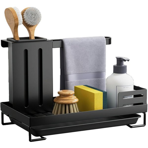 SURFOU Küchenorganizer-Set Spülbecken Küchen Organizer mit Abflusspfanne Utensilien Korb, (Arbeitsplatte Schwamm Bürste Seifenschale Halter Handtuchhalter), Was
