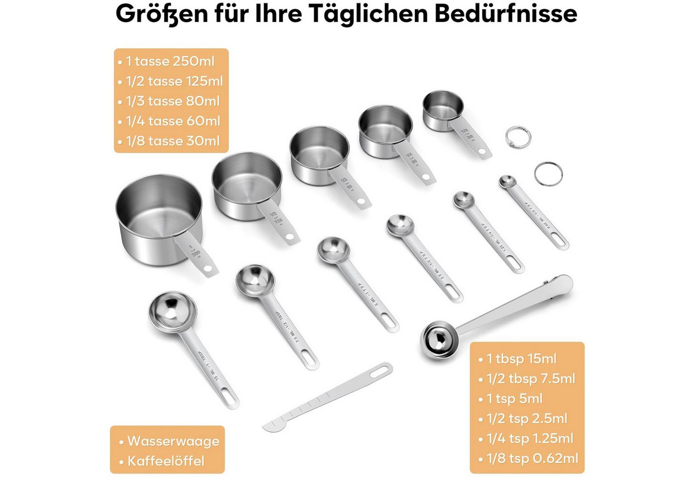 SURFOU Messbecher Messlöffel Messbecher und Löffel Edelstahl 13 Set, Edelstahl, 5 Messbecher, 6 Messlöffel, Messlineal, dosierlöffel Clip – Bild 2 von 5