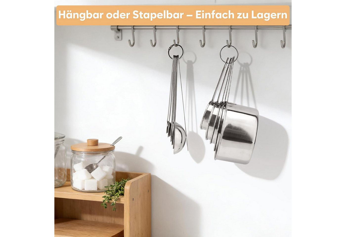 SURFOU Messbecher Messlöffel Messbecher und Löffel Edelstahl 13 Set, Edelstahl, 5 Messbecher, 6 Messlöffel, Messlineal, dosierlöffel Clip – Bild 3 von 5