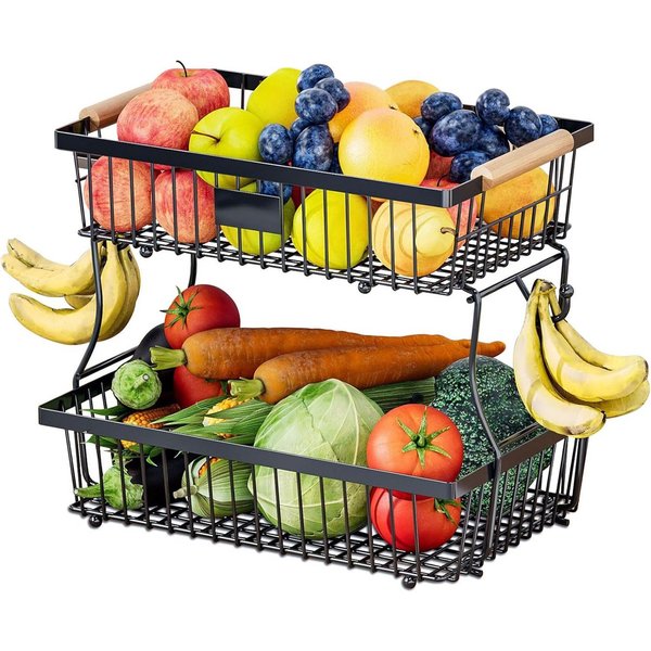 SURFOU Obstschale 2-stöckiger Obstkorb mit haken abnehmbar Metall Organizer Obst Etagere, Kohlenstoffstahl, (mit Holzgriff und 2 Bananenhängern, für Obst, Gemüs