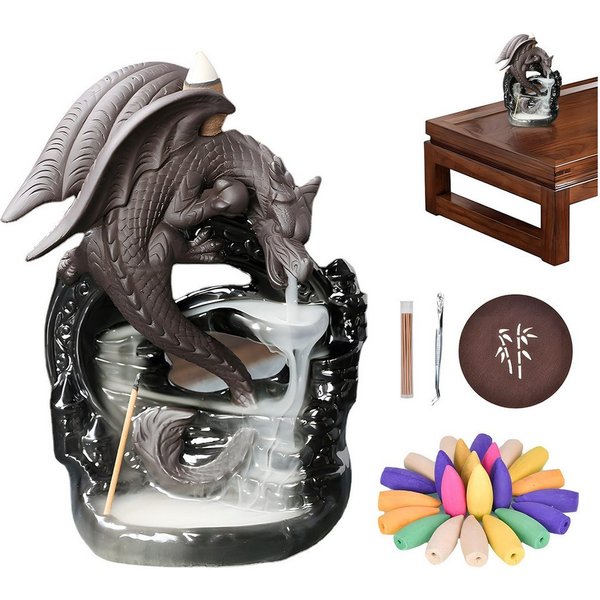 SURFOU Räucherstäbchen-Halter Drachen Räuchergefäß Räucherstäbchenhalter Wasserfall Räucherkegel, mit 20 Räucherkegeln Heimdekoration, Aromatherapie-Ornament
