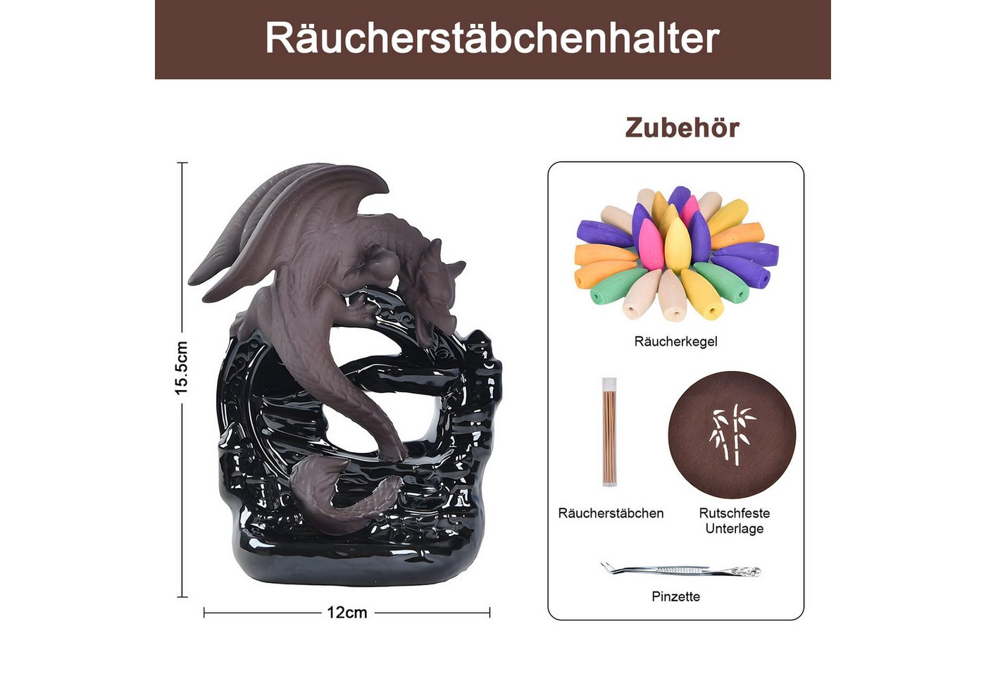 SURFOU Räucherstäbchen-Halter Drachen Räuchergefäß Räucherstäbchenhalter Wasserfall Räucherkegel, mit 20 Räucherkegeln Heimdekoration, Aromatherapie-Ornament – Bild 2 von 5