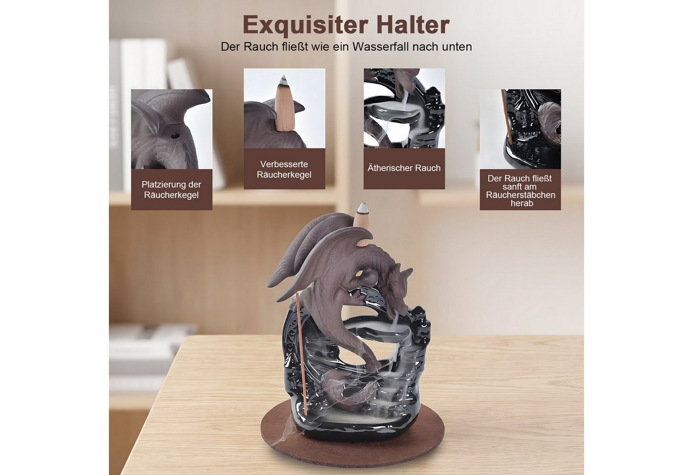 SURFOU Räucherstäbchen-Halter Drachen Räuchergefäß Räucherstäbchenhalter Wasserfall Räucherkegel, mit 20 Räucherkegeln Heimdekoration, Aromatherapie-Ornament – Bild 3 von 5