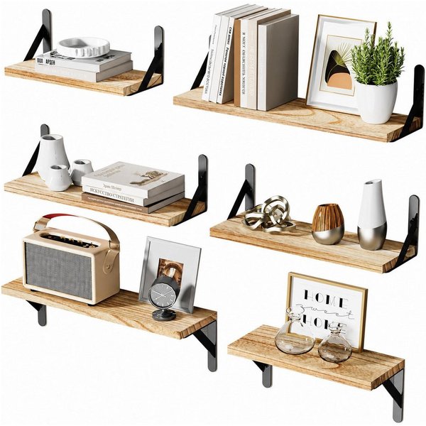SURFOU Regal Wandregal holz 6er Set, regal wand Schweberegale Robust&Funktional, 15kg Tragkraft, Für Wohnzimmer, Schlafzimmer, Küche, Bad, Büro
