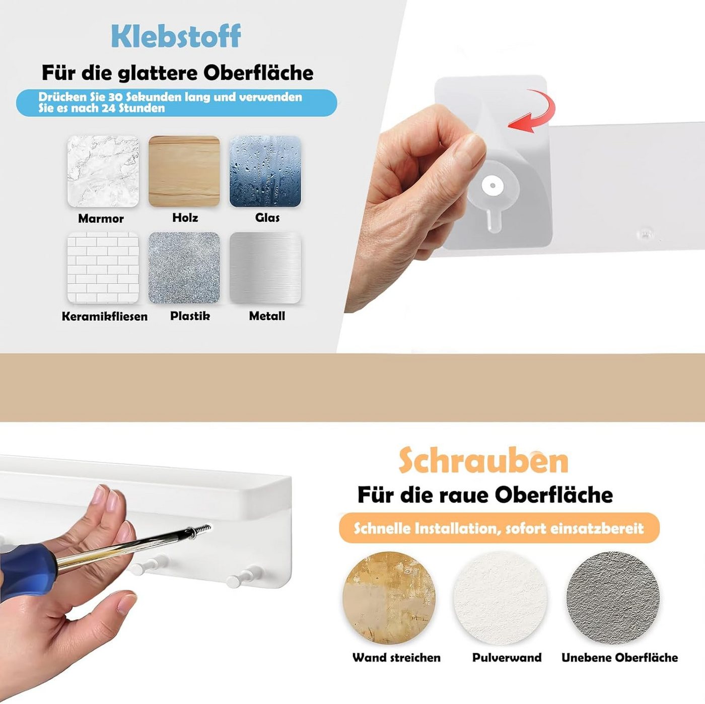 SURFOU Schlüsselbrett Schlüsselbrett mit Ablage, Schlüsselboard Schlüsselhalter ohne Bohren, (Edelstahl Selbstklebend Schlusselhanger Schlüssel Aufbewahrung Sch – Bild 5 von 5