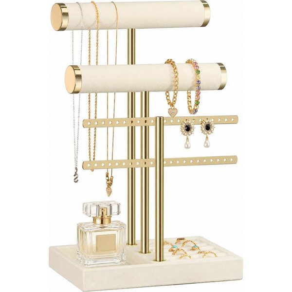 SURFOU Schmuckständer Schmuck Organizer mit 3 Ebenen – Samt-Armbandständer mit T-Steg (5-in-1 Schmuckpräsentation mit Samtstangen, Ringablage & Fach – Ideal für