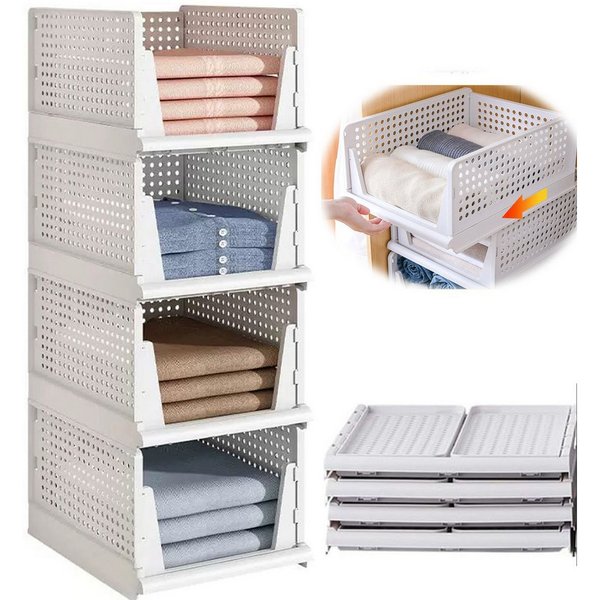 SURFOU Schubladenbox 4er Set Stapelbare Kleiderschrank Organizer, (Faltbaren Regal Aufbewahrungsbox Trennwand Stapelschubladen), Plastik Lagerkisten für Zuhause