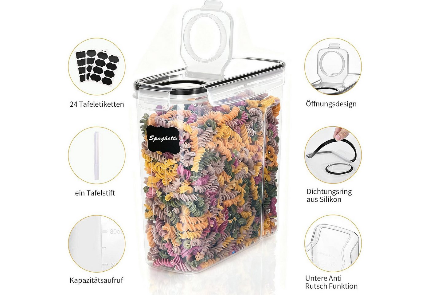 SURFOU Vorratsdose Vorratsdosen mit Deckel Luftdicht Küchen Organizer Frischhaltedosen 4L, (8er Set Spaghetti-Box, Müsli-Behälter, Getreidebehälter, Mehlbehälte – Bild 2 von 5