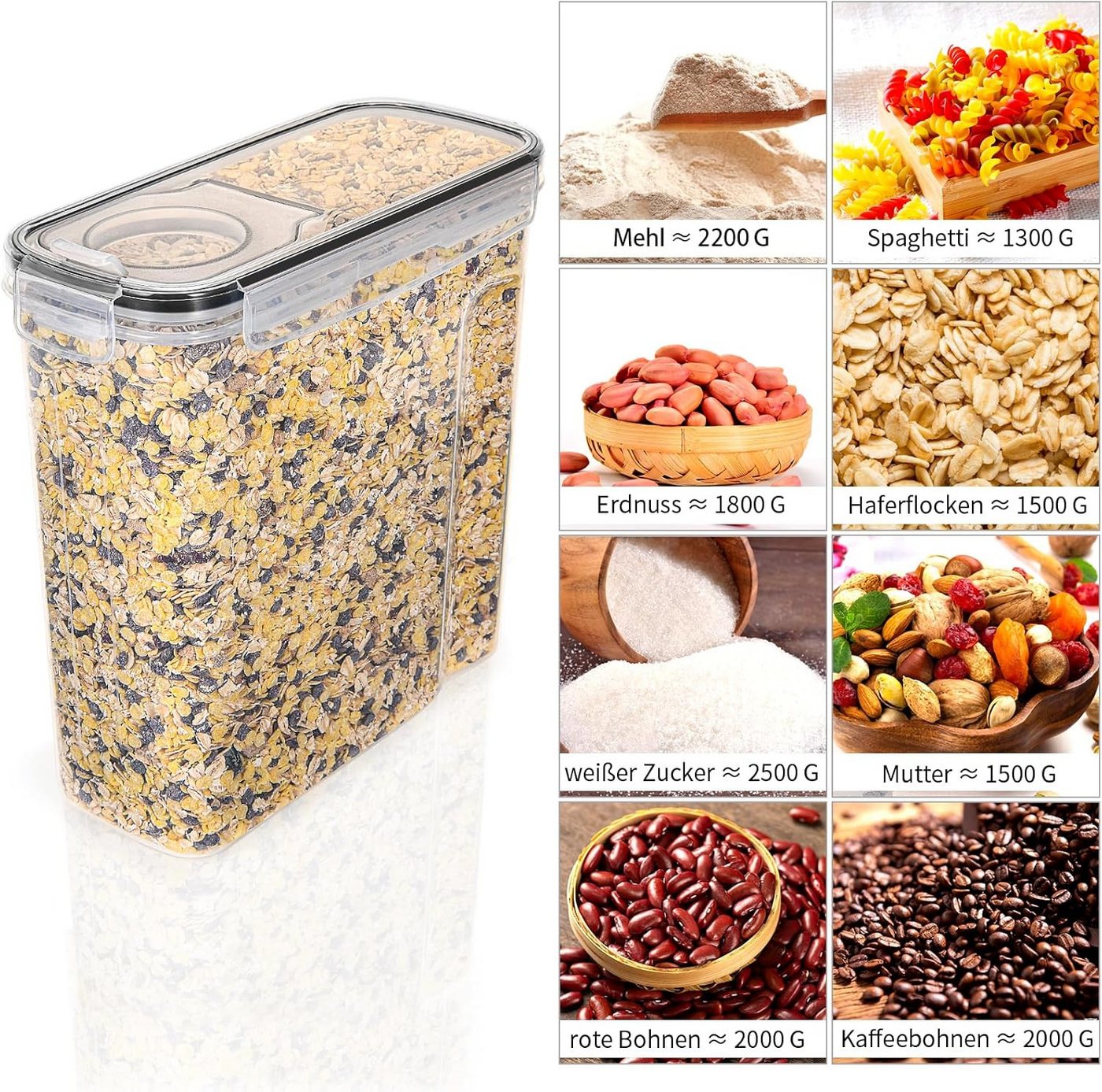 SURFOU Vorratsdose Vorratsdosen mit Deckel Luftdicht Küchen Organizer Frischhaltedosen 4L, (8er Set Spaghetti-Box, Müsli-Behälter, Getreidebehälter, Mehlbehälte – Bild 3 von 5