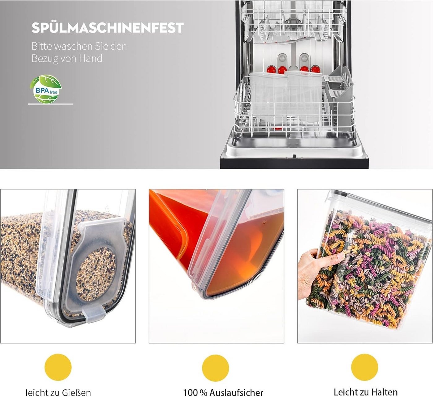 SURFOU Vorratsdose Vorratsdosen mit Deckel Luftdicht Küchen Organizer Frischhaltedosen 4L, (8er Set Spaghetti-Box, Müsli-Behälter, Getreidebehälter, Mehlbehälte – Bild 5 von 5
