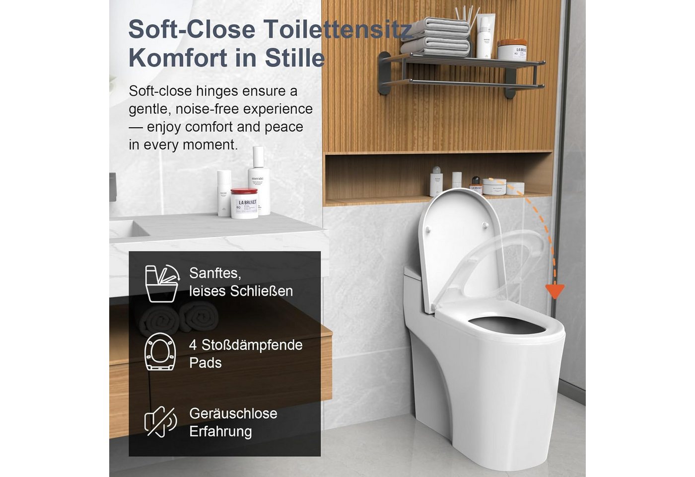 SURFOU WC-Sitz WC Sitz D-Form mit Absenkautomatik Quick Release Weiß – Bild 3 von 5