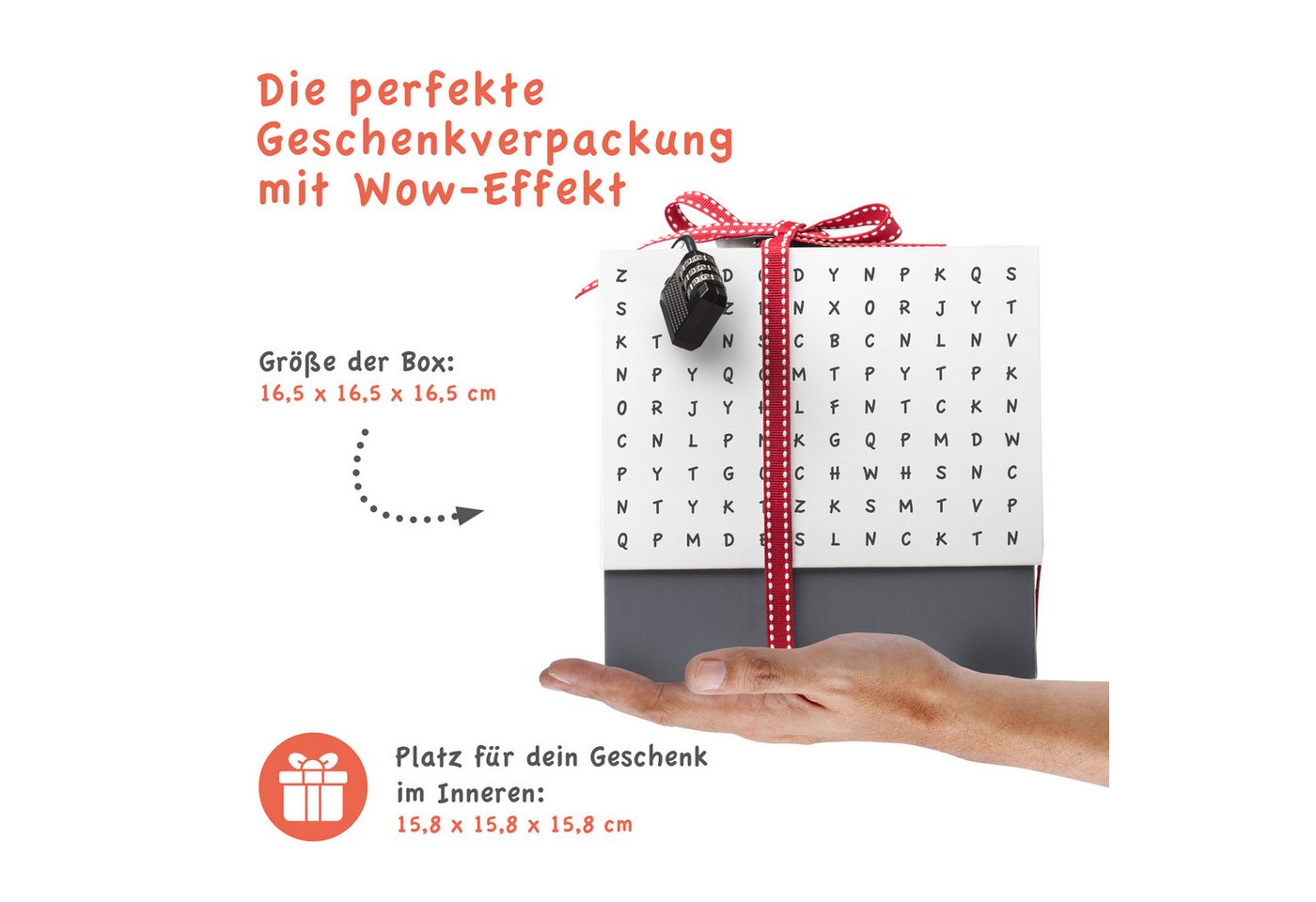 SURPRISA Geschenkbox Rätzel Geschenkbox, Geldgeschenk Verpackung & Gutschein Geschenk Box (inkl. 3-stelligem Zahlenschloss), Geschenkkarton Buchstaben-Rätsel, 1 – Bild 2 von 5