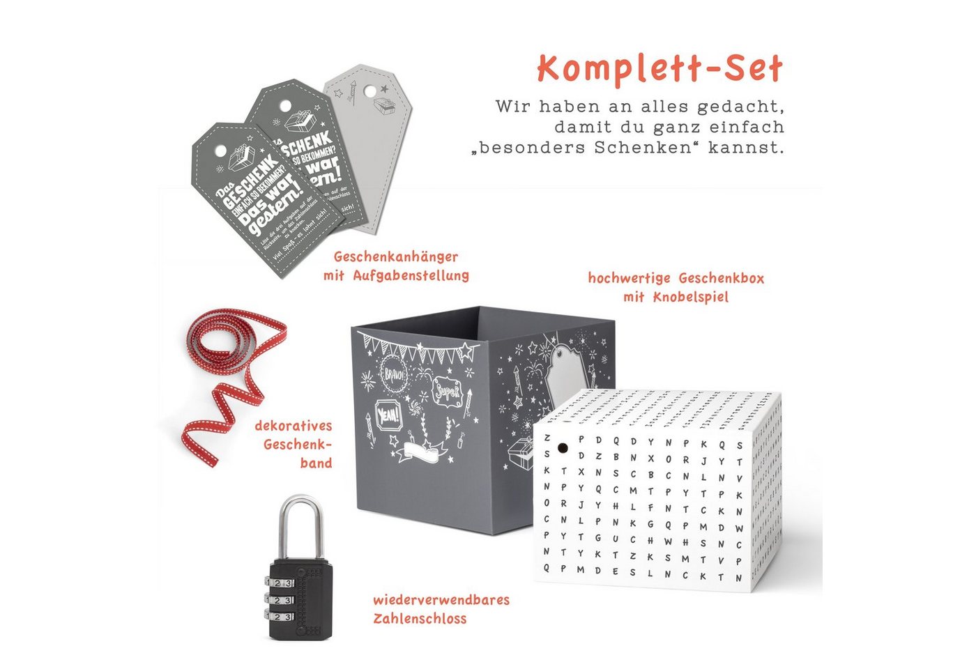 SURPRISA Geschenkbox Rätzel Geschenkbox, Geldgeschenk Verpackung & Gutschein Geschenk Box (inkl. 3-stelligem Zahlenschloss), Geschenkkarton Buchstaben-Rätsel, 1 – Bild 3 von 5