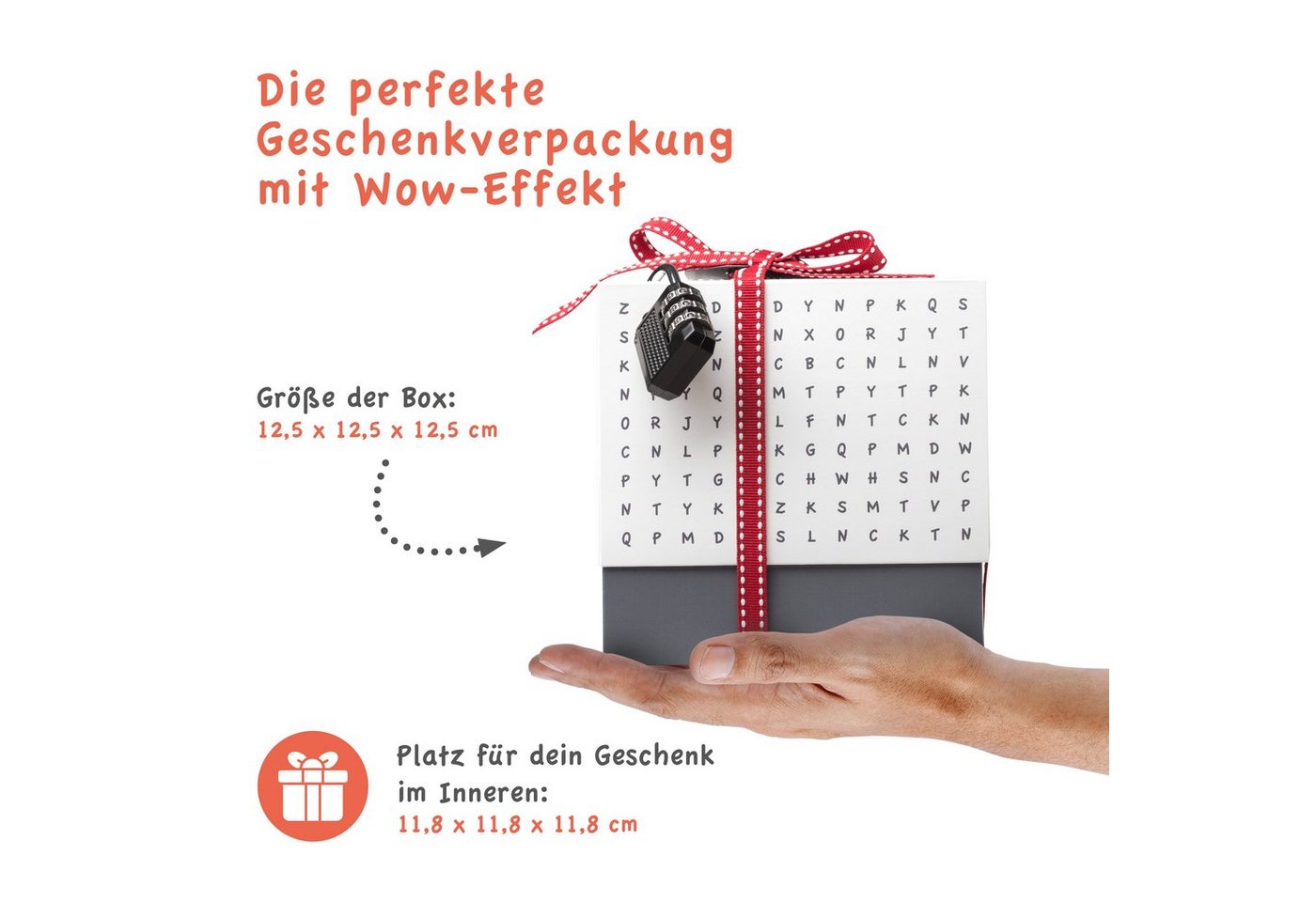 SURPRISA Geschenkbox Rätzel Geschenkbox, Geldgeschenk Verpackung & Gutschein Geschenk Box (inkl. 3-stelligem Zahlenschloss), Geschenkkarton Buchstaben-Rätsel, 1 – Bild 3 von 5