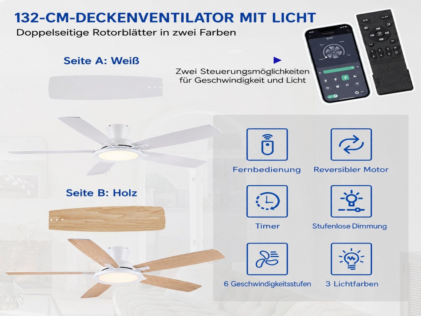 Surtime Deckenventilator mit RGB-Beleuchtung, leiser Kompaktventilator, 5 Flügel, leiser Motor, ⌀ 132 cm, 6 Geschwindigkeiten, inkl. Fernbedienung – Bild 2 von 5