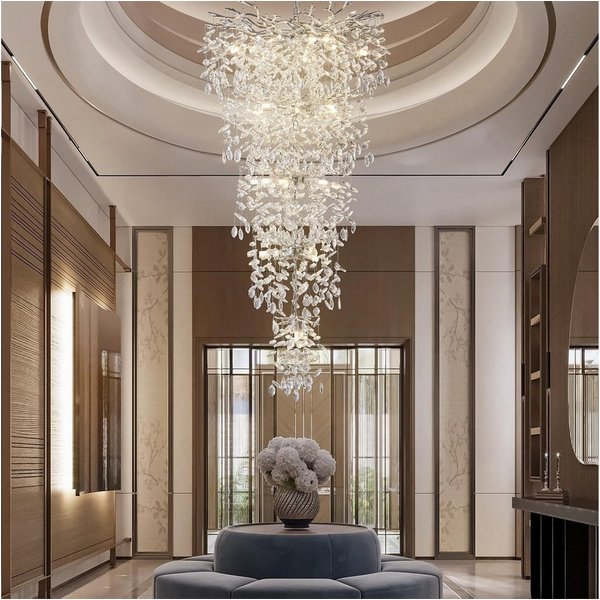 Surtime Kronleuchter für Treppenhaus, 300 cm, Goldfarben,Kristall, 28 G9-Fassungen für gleichmäßiges Licht, LED wechselbar, 3000K, K9-Kristalldesign im Ast-Stil