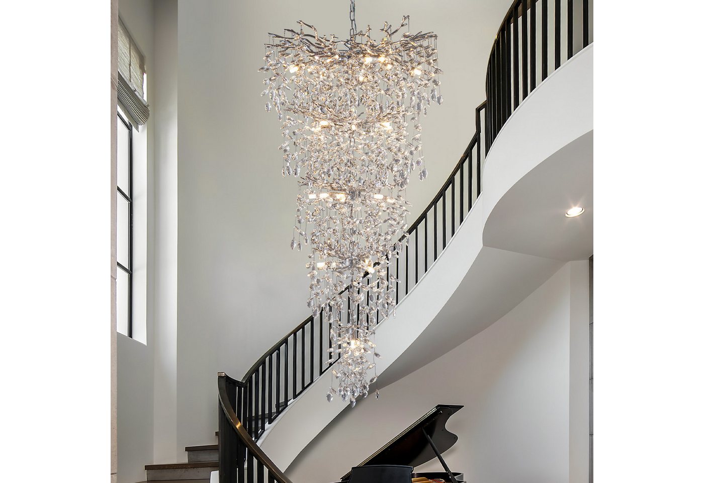 Surtime Kronleuchter für Treppenhaus, 300 cm, Goldfarben,Kristall, 28 G9-Fassungen für gleichmäßiges Licht, LED wechselbar, 3000K, K9-Kristalldesign im Ast-Stil – Bild 3 von 5