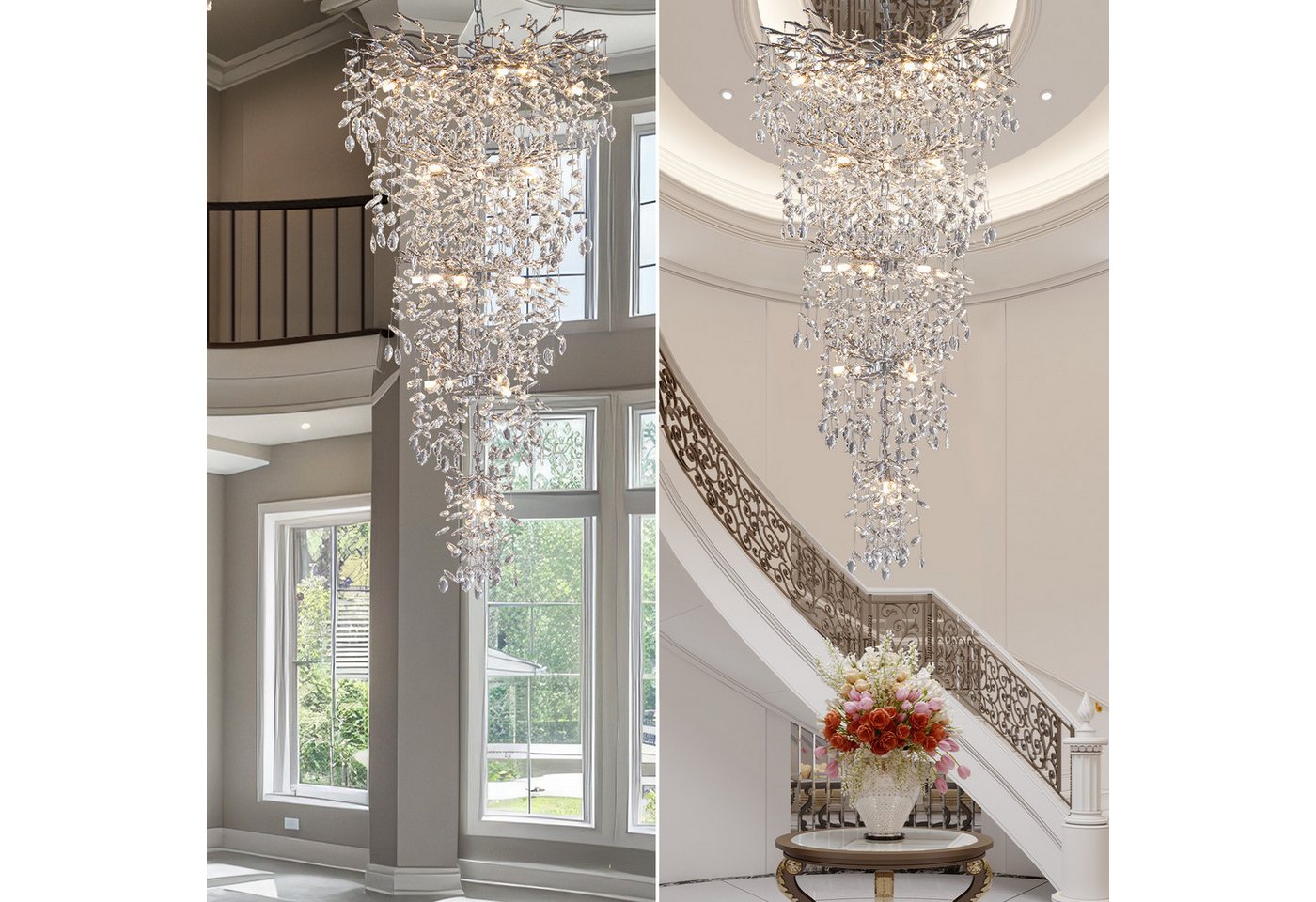 Surtime Kronleuchter für Treppenhaus, 300 cm, Goldfarben,Kristall, 28 G9-Fassungen für gleichmäßiges Licht, LED wechselbar, 3000K, K9-Kristalldesign im Ast-Stil – Bild 4 von 5
