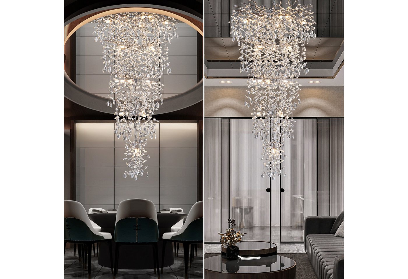 Surtime Kronleuchter für Treppenhaus, 300 cm, Goldfarben,Kristall, 28 G9-Fassungen für gleichmäßiges Licht, LED wechselbar, 3000K, K9-Kristalldesign im Ast-Stil – Bild 5 von 5