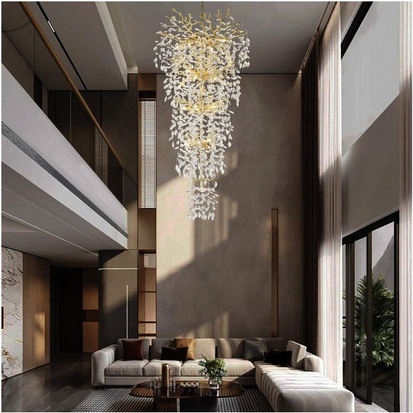Surtime Kronleuchter für Treppenhaus, 300 cm, Goldfarben,Kristall, 28 G9-Fassungen für gleichmäßiges Licht, LED wechselbar, 3000K, K9-Kristalldesign im Ast-Stil