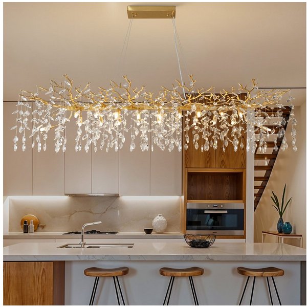 Surtime Kronleuchter rechteckig, 120 cm, Goldfarben, 14x G9, Kristall, 20 G9-Fassungen für gleichmäßiges Licht, LED wechselbar, 3000 K Warmweiß, K9-Kristalldesi