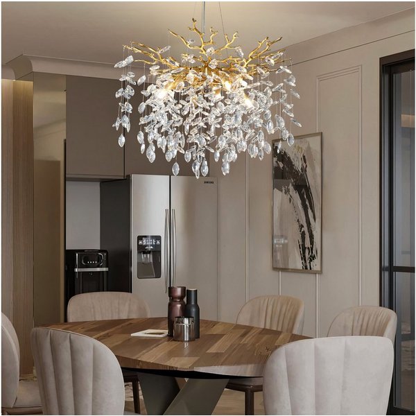 Surtime Kronleuchter rund, 60 cm, Goldfarben, 8x G9, Kristall, 8 G9-Fassungen für gleichmäßiges Licht, LED wechselbar, 3000 K Warmweiß, K9-Kristalldesign im Ast