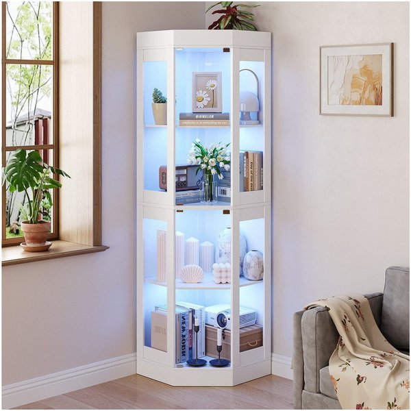 SVEYLXA Eckvitrine Beleuchtete LED Ecken-Vitrine mit Glastüren für Wohnzimmer, Küche&Flur (1-St) 69,5×56×178cm, weiß