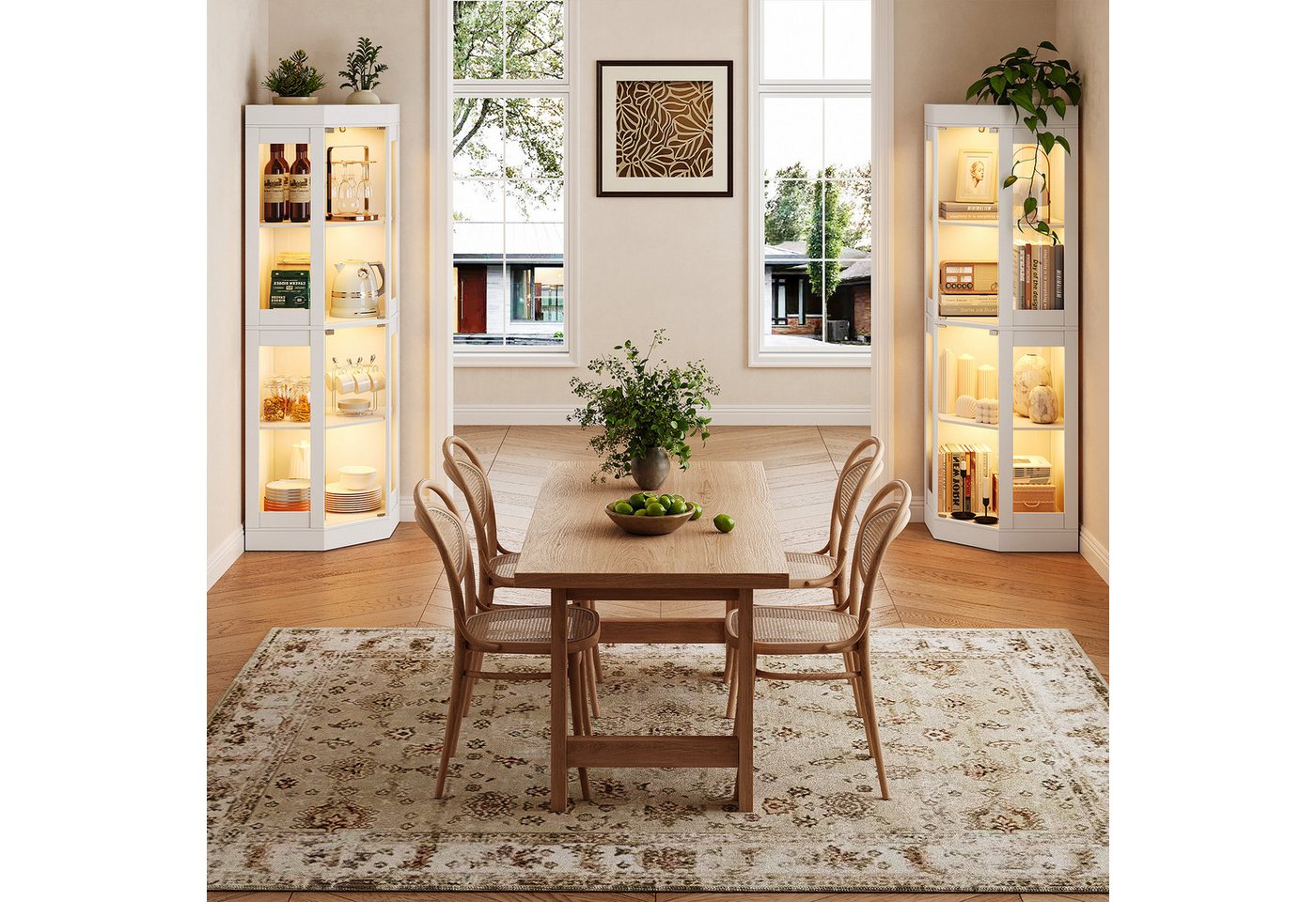SVEYLXA Eckvitrine Beleuchtete LED Ecken-Vitrine mit Glastüren für Wohnzimmer, Küche&Flur (1-St) 69,5×56×178cm, weiß – Bild 2 von 5