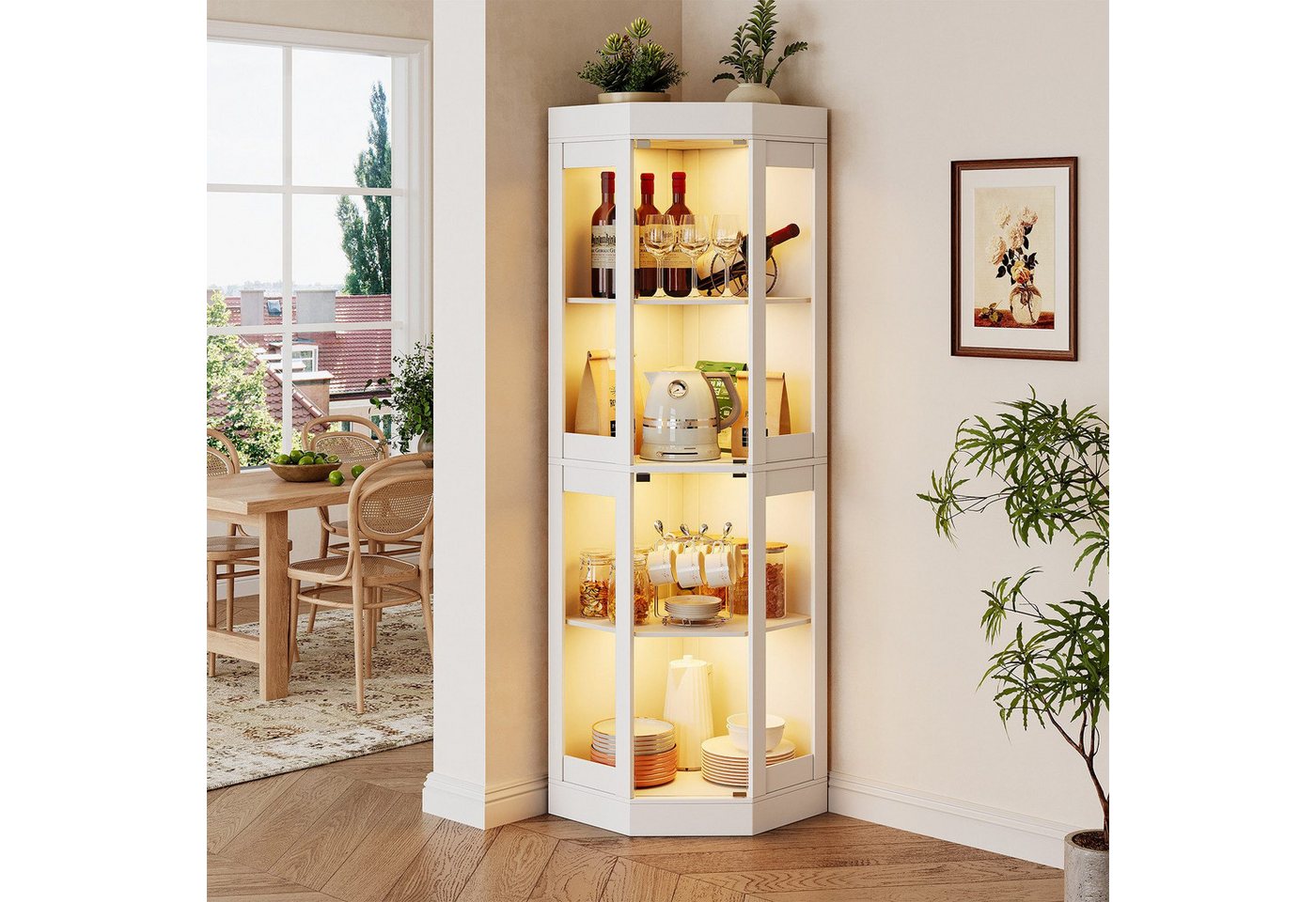 SVEYLXA Eckvitrine Beleuchtete LED Ecken-Vitrine mit Glastüren für Wohnzimmer, Küche&Flur (1-St) 69,5×56×178cm, weiß – Bild 3 von 5