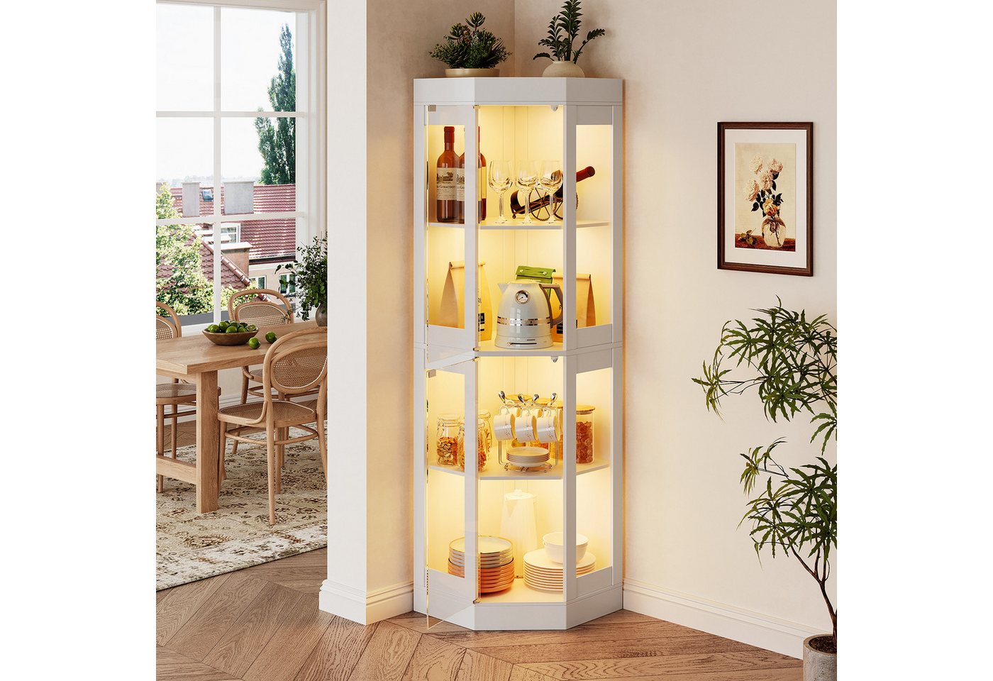 SVEYLXA Eckvitrine Beleuchtete LED Ecken-Vitrine mit Glastüren für Wohnzimmer, Küche&Flur (1-St) 69,5×56×178cm, weiß – Bild 4 von 5