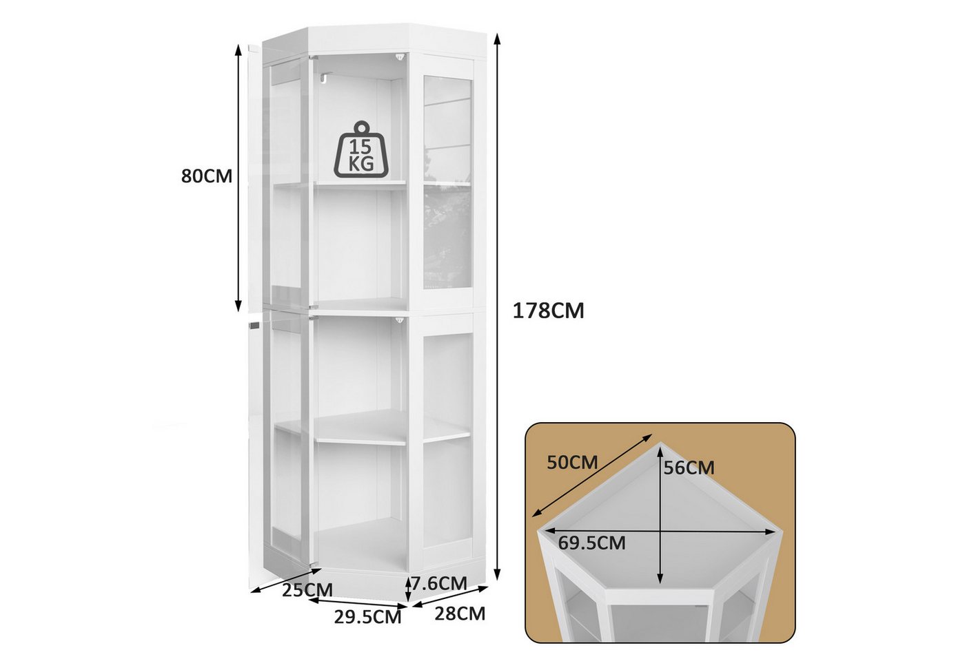 SVEYLXA Eckvitrine Beleuchtete LED Ecken-Vitrine mit Glastüren für Wohnzimmer, Küche&Flur (1-St) 69,5×56×178cm, weiß – Bild 5 von 5