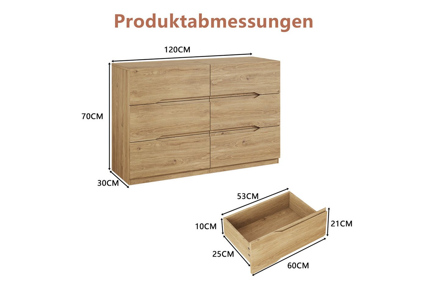 SVEYLXA Kommode Moderne 6-Schubladen Kommode mit griffloser Front (1 St), 120×20×70cm, natur – Bild 4 von 5