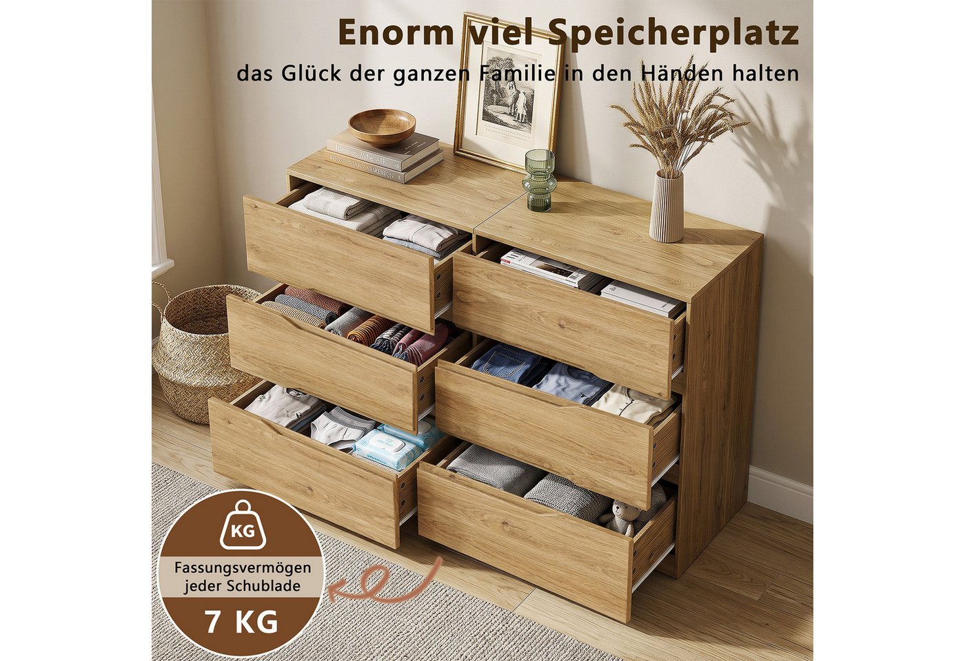 SVEYLXA Kommode Moderne 6-Schubladen Kommode mit griffloser Front (1 St), 120×20×70cm, natur – Bild 5 von 5