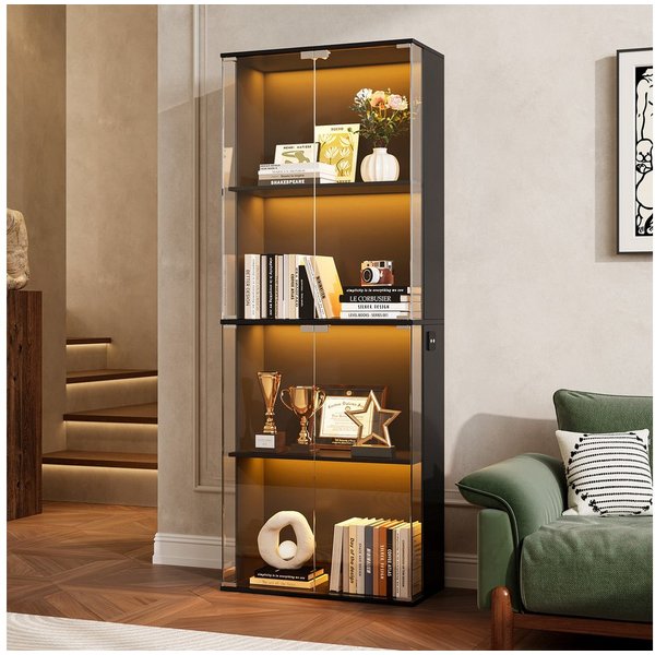 SVEYLXA Vitrine Moderne Vitrine mit LED Beleuchtung, 160 cm Hochschrank mit Glastüren (1-St) 4 Ebenen, Schwarz/Weiß