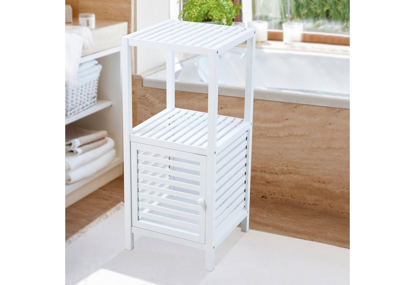 SVITA Badregal BAMBUS, Badezimmerschrank, Regal mit Tür, Weiß, 35 cm x 80 cm x 38 cm – Bild 2 von 5