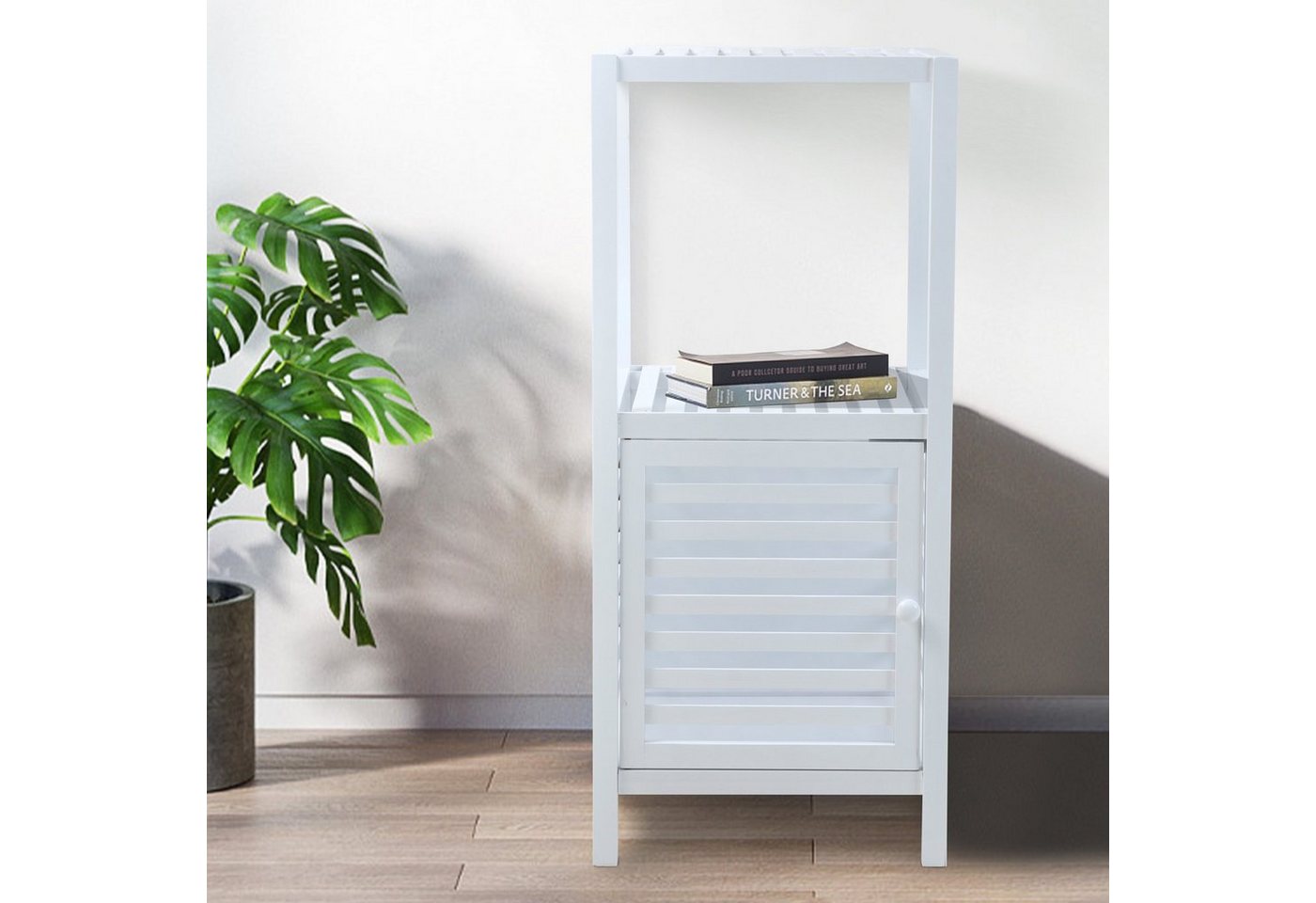 SVITA Badregal BAMBUS, Badezimmerschrank, Regal mit Tür, Weiß, 35 cm x 80 cm x 38 cm – Bild 3 von 5