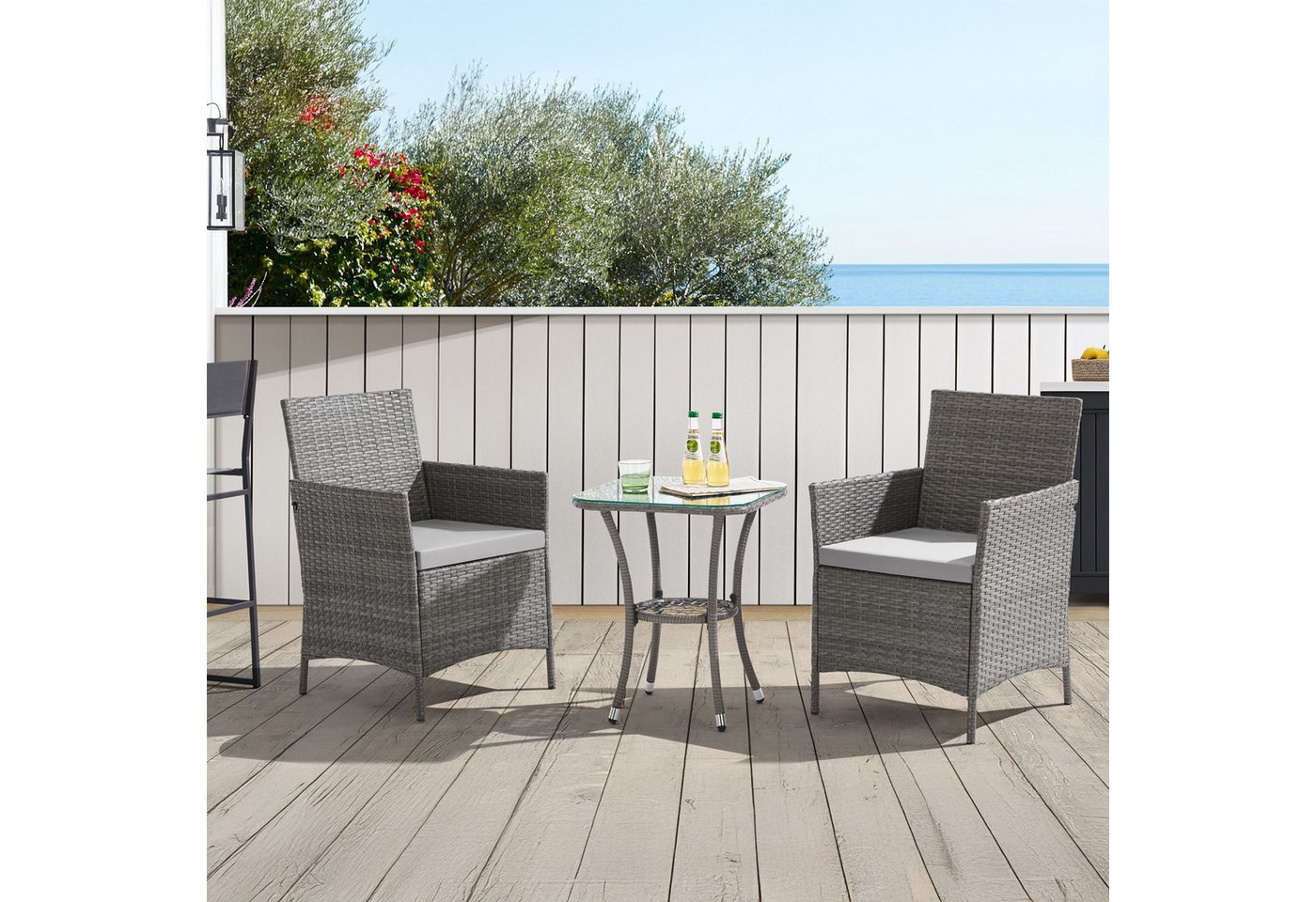 SVITA Balkonset BROOKLYN BISTRO, (Set (3-tlg), 1 Tisch, 2 Stühle), Sitzgruppe, Polyrattan, inkl. Kissen, Grau – Bild 2 von 5