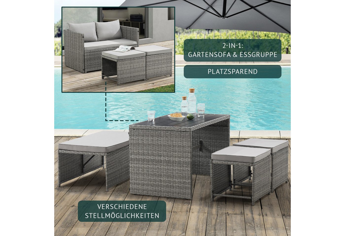 SVITA Gartenlounge-Set ATHINA, Platzsparend, umbaubar, Tisch und Sofa in einem, Grau – Bild 2 von 5