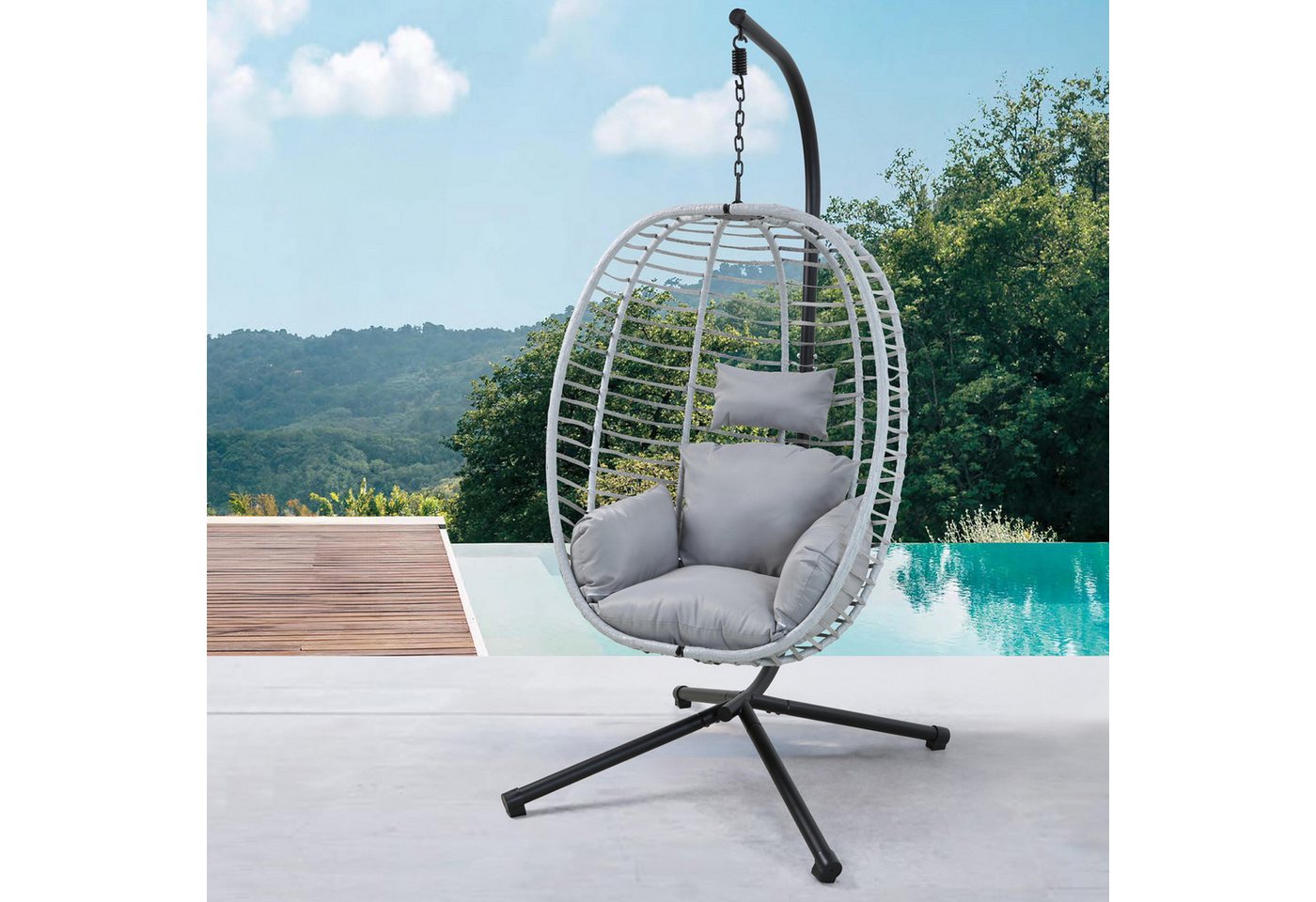 SVITA Hängesessel BELLY, mit Gestell, inkl. Kissen, Polyrattan, klappbar, Grau – Bild 2 von 5