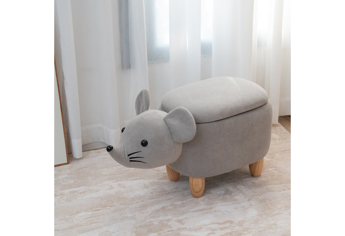 SVITA Kinderhocker Tierhocker, mit Stauraum, Nashorn Motiv, Sitzhocker, gepolstert, Grau – Bild 2 von 5