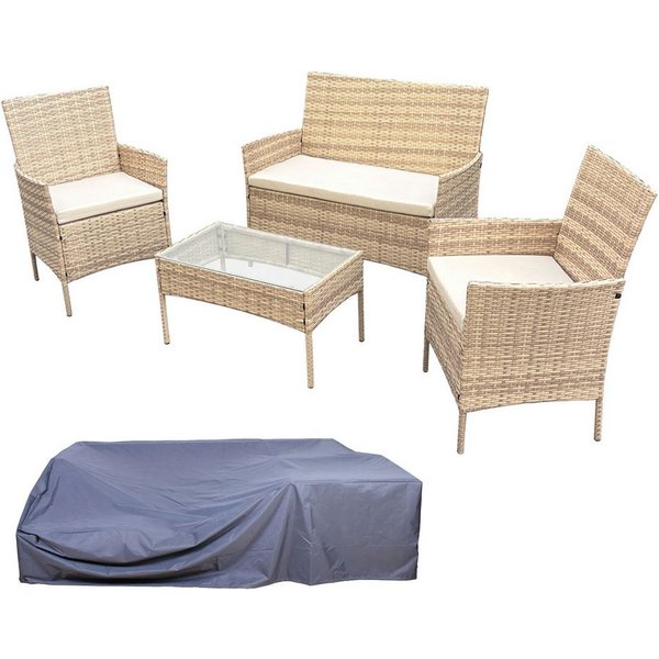 SVITA Sitzgruppe BROOKLYN, (Set, Gartenlounge mit Abdeckhaube), 4-teilig, Polyrattan Lounge Set, wetterfest, inkl. Kissen, Beige