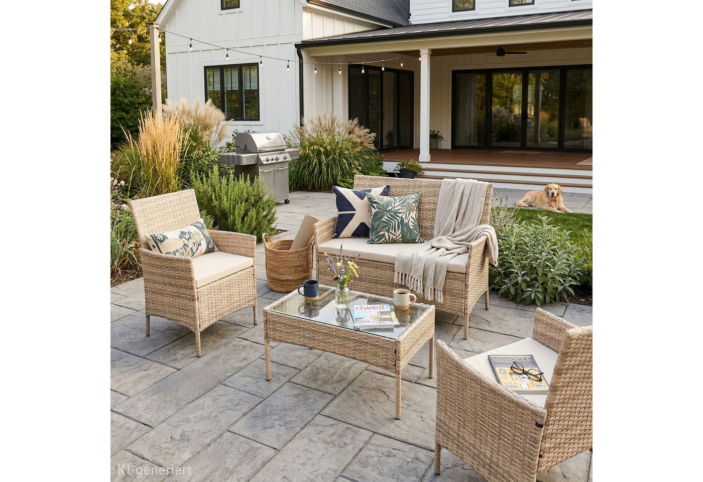 SVITA Sitzgruppe BROOKLYN, (Set, Gartenlounge mit Abdeckhaube), 4-teilig, Polyrattan Lounge Set, wetterfest, inkl. Kissen, Beige – Bild 3 von 5