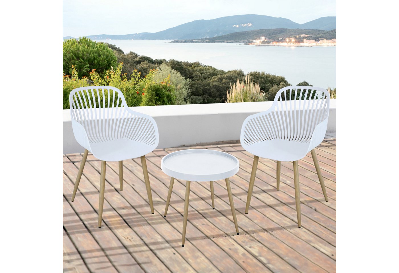 SVITA Sitzgruppe PHILLY, (3tlg. Set), aus 2 Stühlen und 1 Tisch, platzsparend, wetterfest, Weiß/Holzoptik – Bild 2 von 5