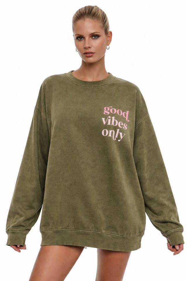 Worldclassca Sweatshirt Worldclassca Oversized Sweatshirt Good Vibes Print Langarm Pullover Freizeit Shirt – Bild 2 von 2