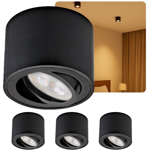 Sweet LED LED Aufbaustrahler 4er Set flache LED Aufbauspots schwarz - rund & schwenkbar, 5 W, 230V, LED wechselbar, Warmweiß, LED Deckenlampe, Deckenspot, Decke