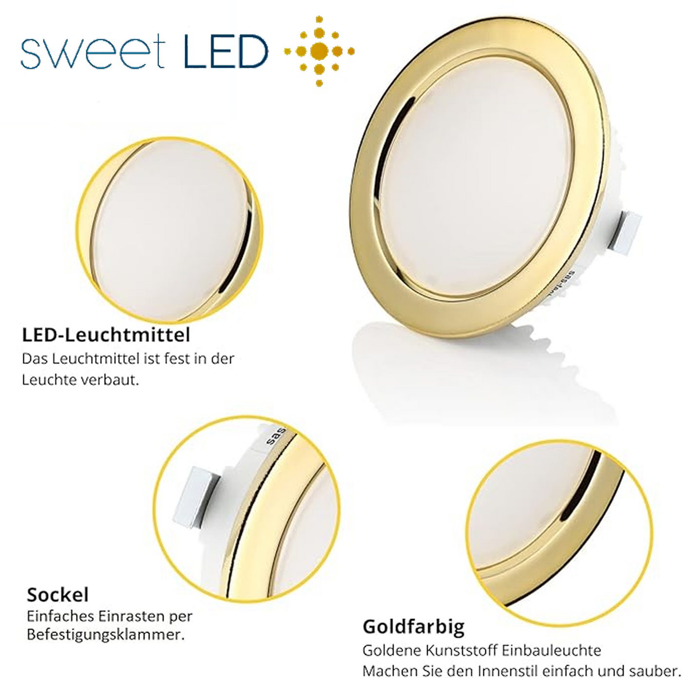 Sweet LED LED Einbaustrahler 4er Set 3,5 W Möbelleuchten IP44 Gold 12V, LED fest integriert, 6500K - kaltweiß, Deckenspots, Deckenstrahler, Möbeleinbaustrahler – Bild 2 von 5