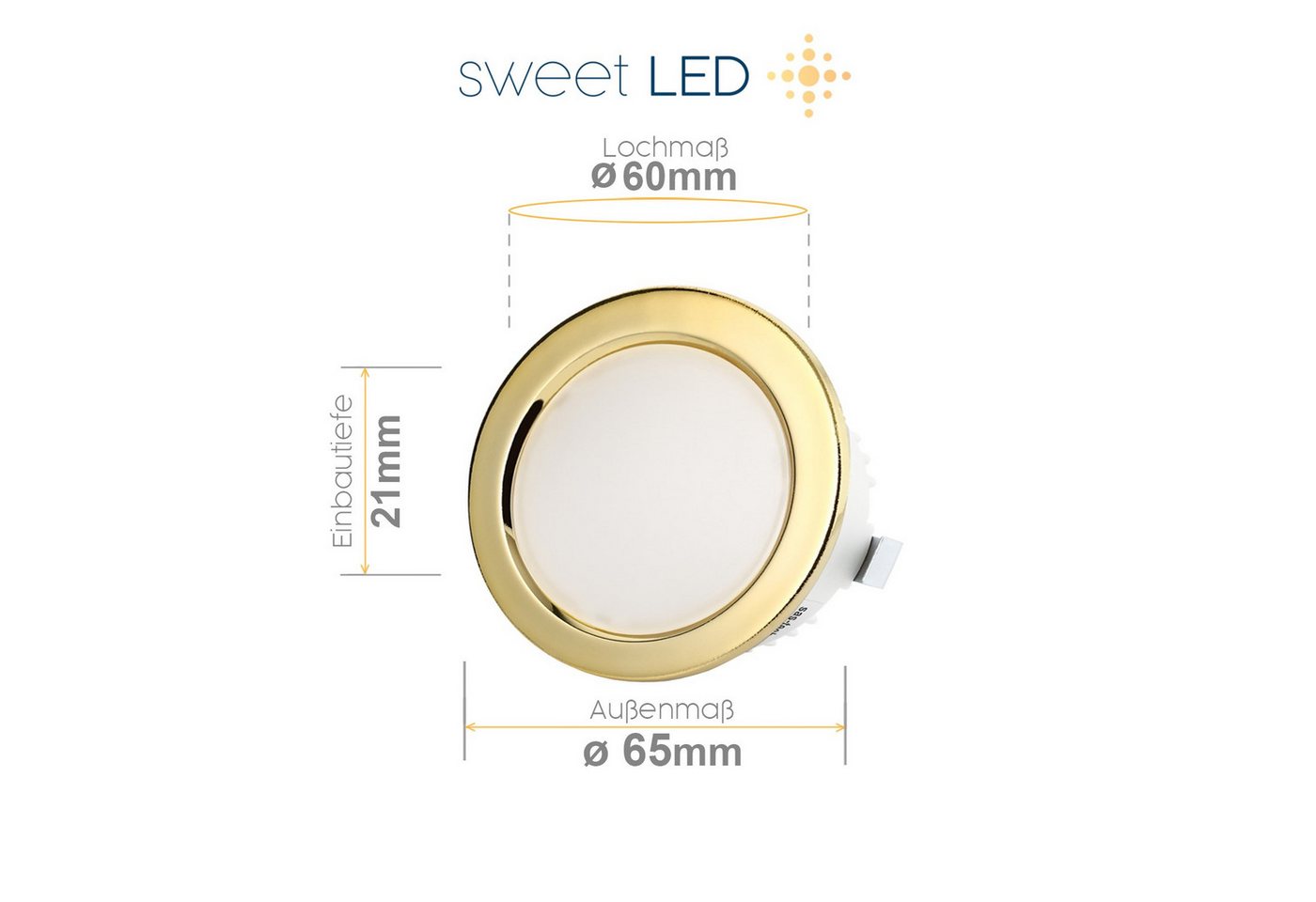 Sweet LED LED Einbaustrahler 4er Set 3,5 W Möbelleuchten IP44 Gold 12V, LED fest integriert, 6500K - kaltweiß, Deckenspots, Deckenstrahler, Möbeleinbaustrahler – Bild 4 von 5