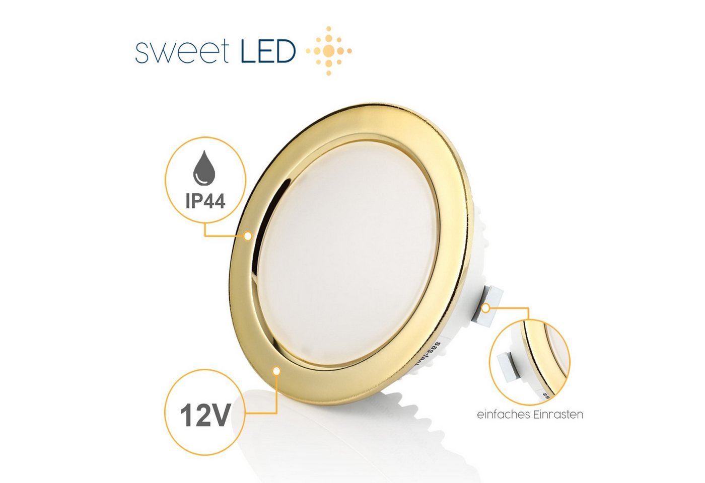 Sweet LED LED Einbaustrahler 4er Set 3,5 W Möbelleuchten IP44 Gold 12V, LED fest integriert, 6500K - kaltweiß, Deckenspots, Deckenstrahler, Möbeleinbaustrahler – Bild 5 von 5