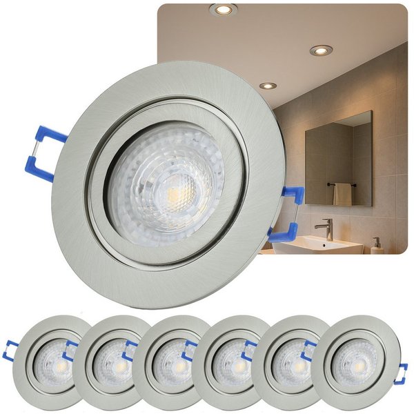 Sweet LED LED Einbaustrahler 6er Set IP44 Feuchtraum Deckenspots chrom-gebürstet mit GU10 7W, Leuchtmittel tauschbar, 3000K, warmweiß, Deckenstrahler, Einbauleu